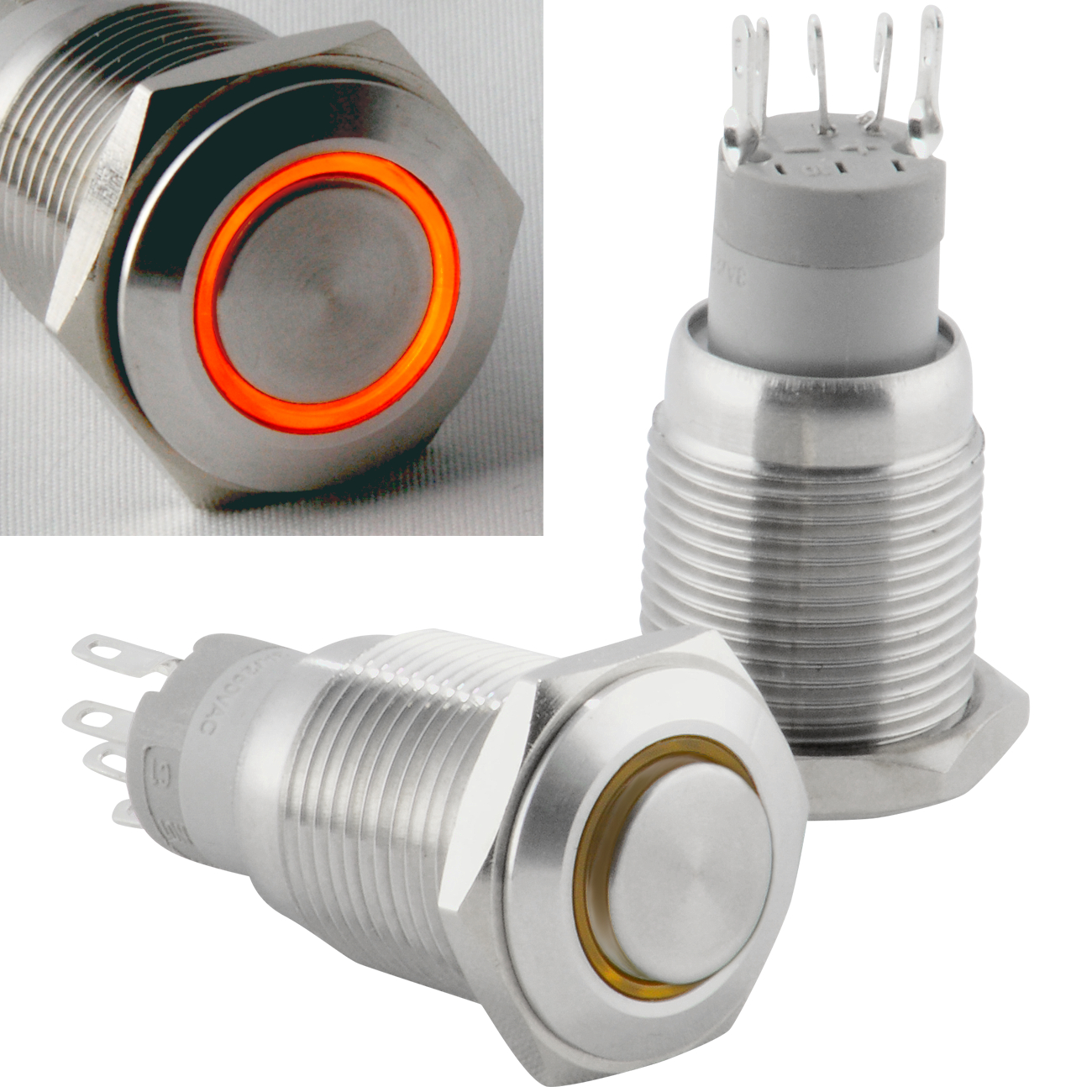 Interruttore Avviamento 5/8"/Corno Barca Pulsante Momentaneo Metallo Argento LED 16mm - Foto 17 di 40