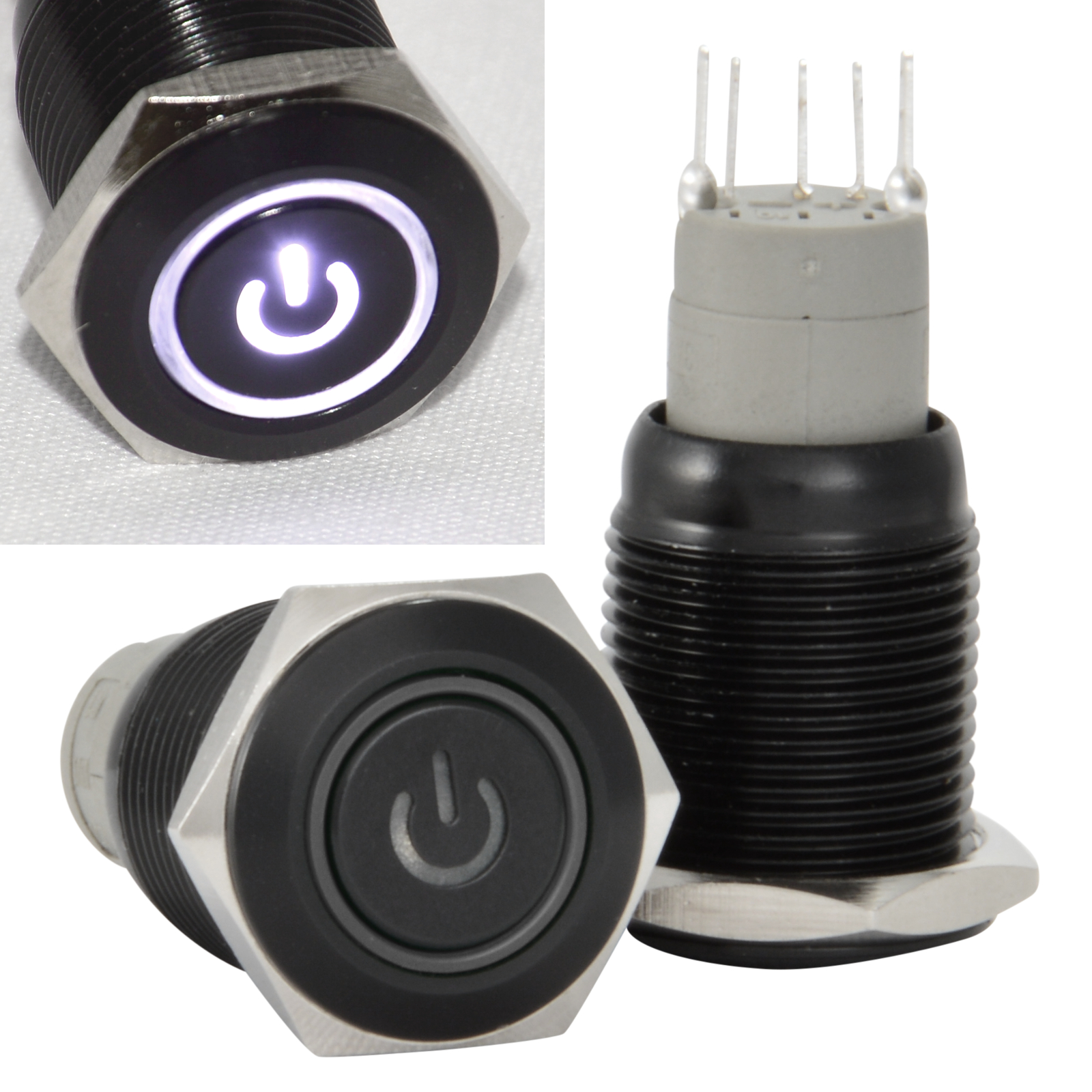 Interruttore Avviamento/Corno Barca 16mm Pulsante Momentaneo Metallo Nero Simbolo Alimentazione LED - Foto 25 di 28