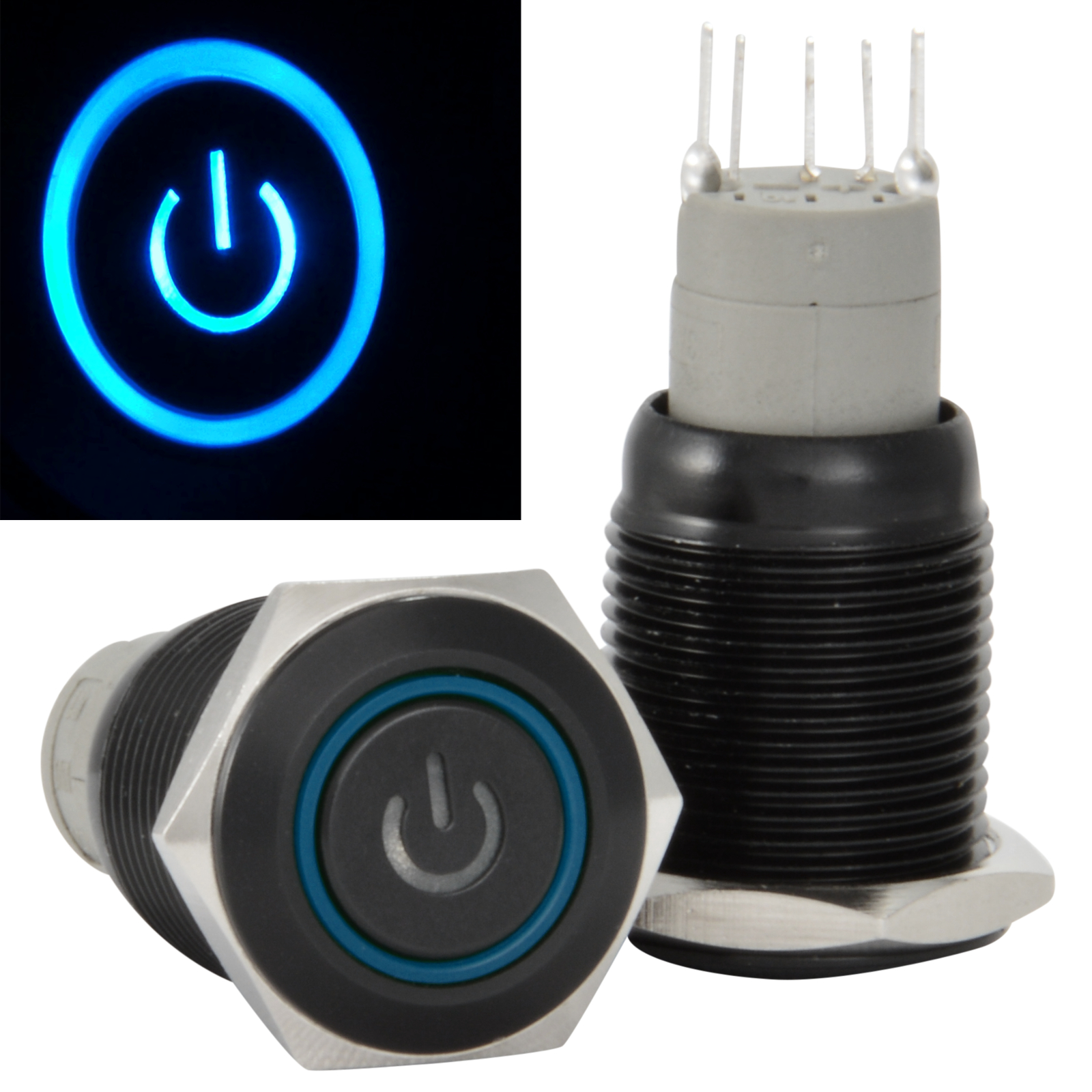 Interruttore Avviamento/Corno Barca 16mm Pulsante Momentaneo Metallo Nero Simbolo Alimentazione LED - Foto 8 di 28