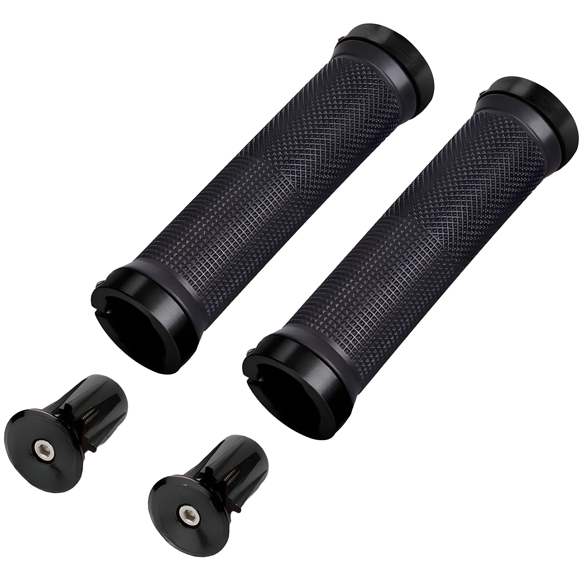 Double-Sided Aluminum Locking Bicycle Mountain Bike Handlebars Grips with Alloy Bar End Plugs, Black