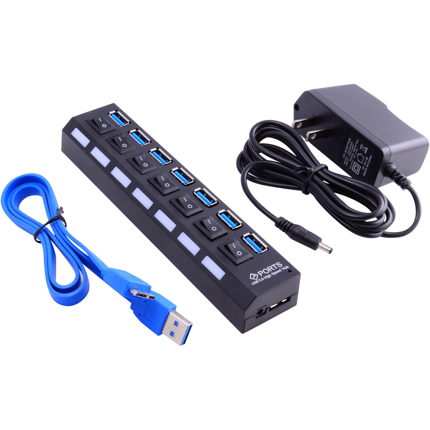 7-Port USB 3.0 SuperSpeed Hub with 5V/2A Power Adapter, Per-Port Power ...