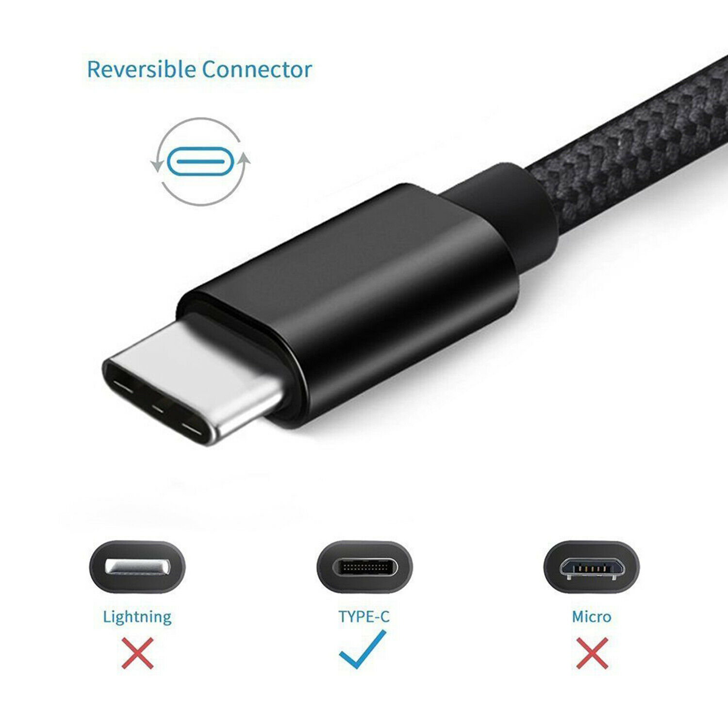 Nylon Braided USB-C Type C Fast Charging Data Sync Cable, 3 Foot