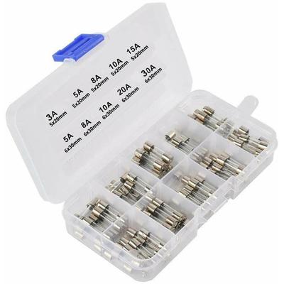 75pcs Glass Tube Fast Blow Fuse Assorted Kit 5x20mm 6x30mm 3A-30A 250V