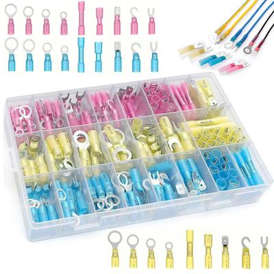 Heat Shrink Wire Connectors Kit: 270pcs Waterproof Electrical Crimp Terminals for Marine & Automotive Use, Adhesive Lined with Butt Fork Hook Ring & Quick Disconnects