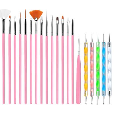 20-Piece Professional Nail Art Brushes Set, Dotting Tools, Dust Brush, Nail Drawing Pen for Perfect Manicure and Detailed Designs (Pink)