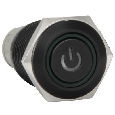 16mm 12V Latching Push Button Power Switch Black Metal Green LED Waterproof