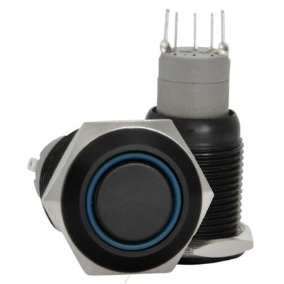 16mm Stainless Steel Latching Push Button Switch (Black with Blue LED)