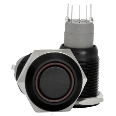 16mm Stainless Steel Latching Push Button Switch (Black with Red LED)