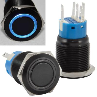 19mm Stainless Steel Latching Push Button Switch (Black with Blue LED)