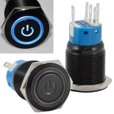 19mm 12V Momentary Push Button Power Switch Black Metal Blue LED Waterproof