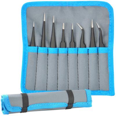 Delcast TZ-8X ESD Safe Anti-Static Stainless Steel Tweezers Set, 8 Piece